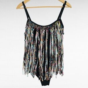 Coco Rave | Fringe One Piece Swimsuit 36D Large Black Multicolor Boho Swimsuit